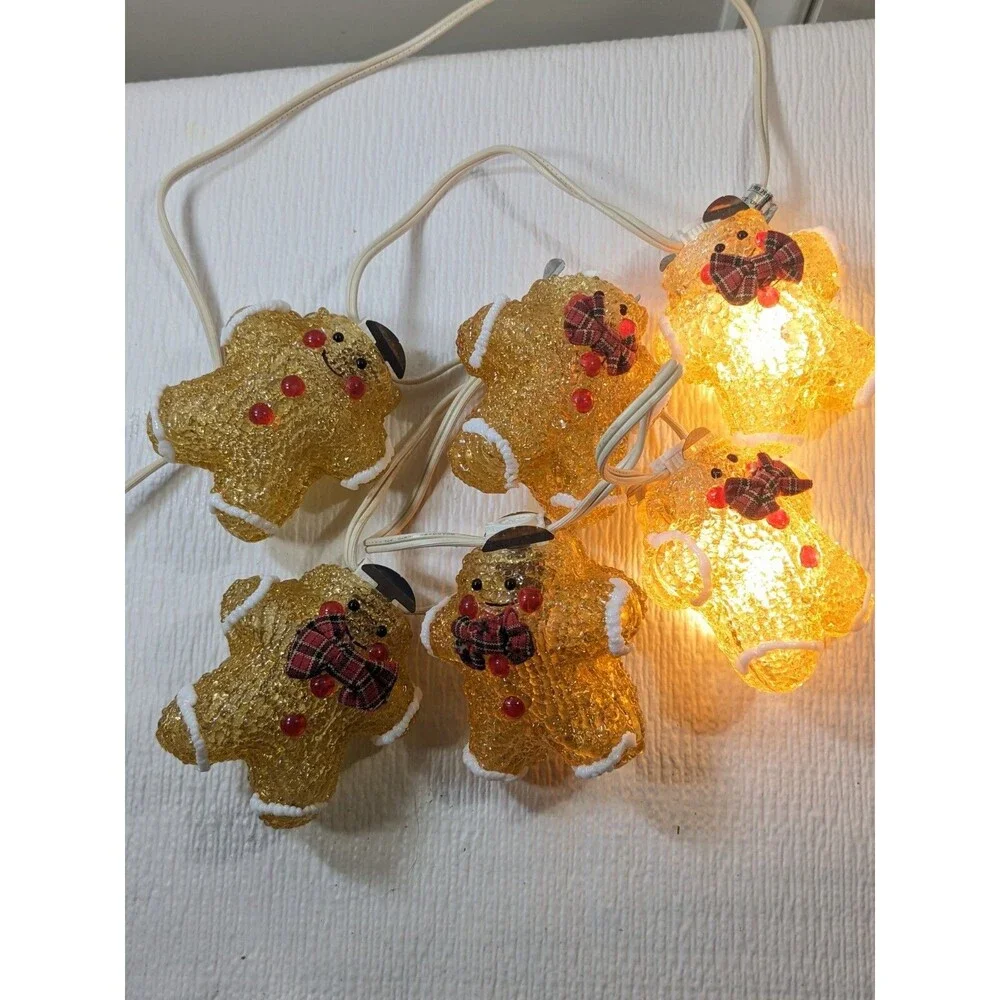 Vintage Gingerbread men cookies string Lights Christmas bowtie caps 6 ft decor